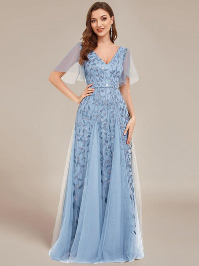 Romantic Shimmery V Neck Ruffle Sleeves Maxi Long Evening Gowns #color_Sky Blue