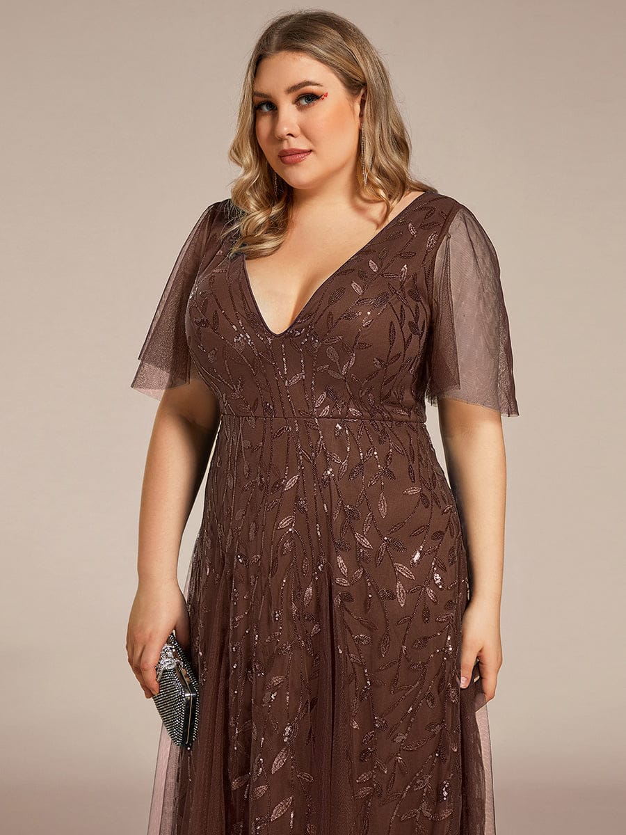 Romantic Shimmery V Neck Ruffle Sleeves Maxi Long Evening Gowns #color_Brown
