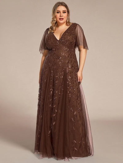 pretty ASTRAL|Plus Size Romantic Shimmery V Neck Ruffle Sleeves Evening Gown