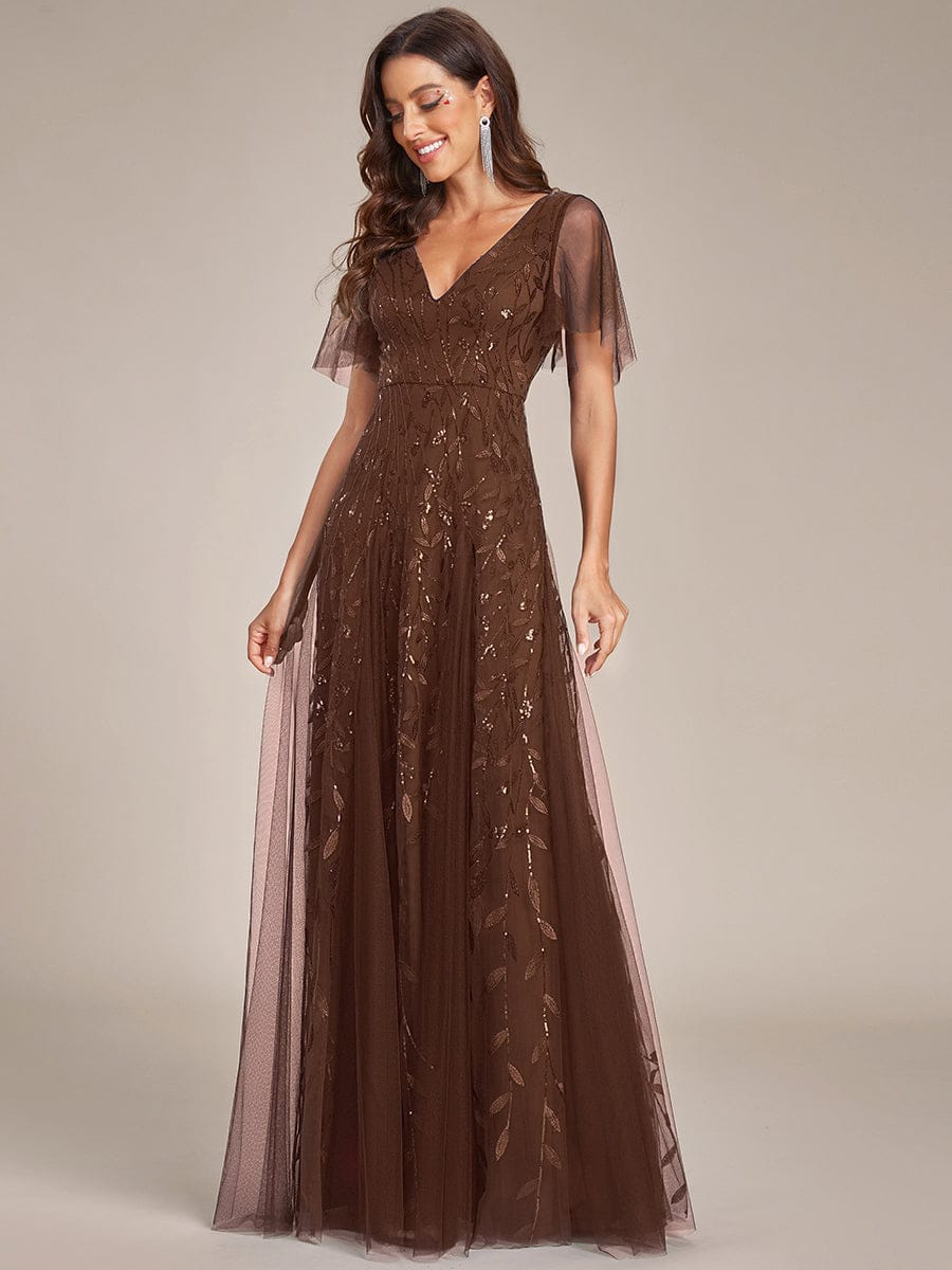 Romantic Shimmery V Neck Ruffle Sleeves Maxi Long Evening Gowns #color_Brown