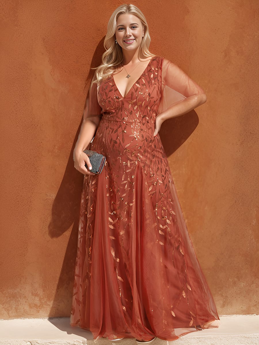 Romantic Shimmery V Neck Ruffle Sleeves Maxi Long Evening Gowns #color_Burnt Orange