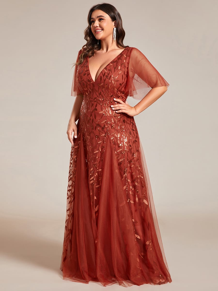 Romantic Shimmery V Neck Ruffle Sleeves Maxi Long Evening Gowns #color_Burnt Orange