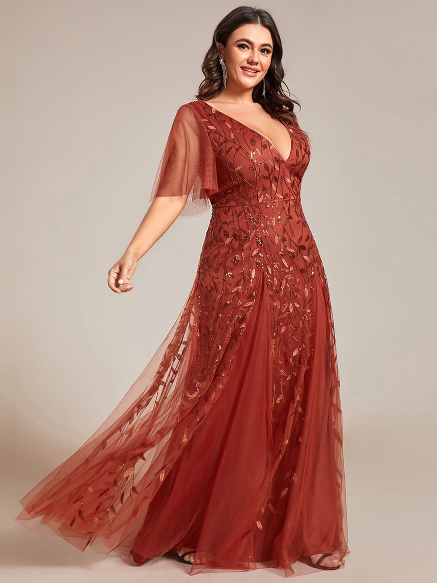 Romantic Shimmery V Neck Ruffle Sleeves Maxi Long Evening Gowns #color_Burnt Orange