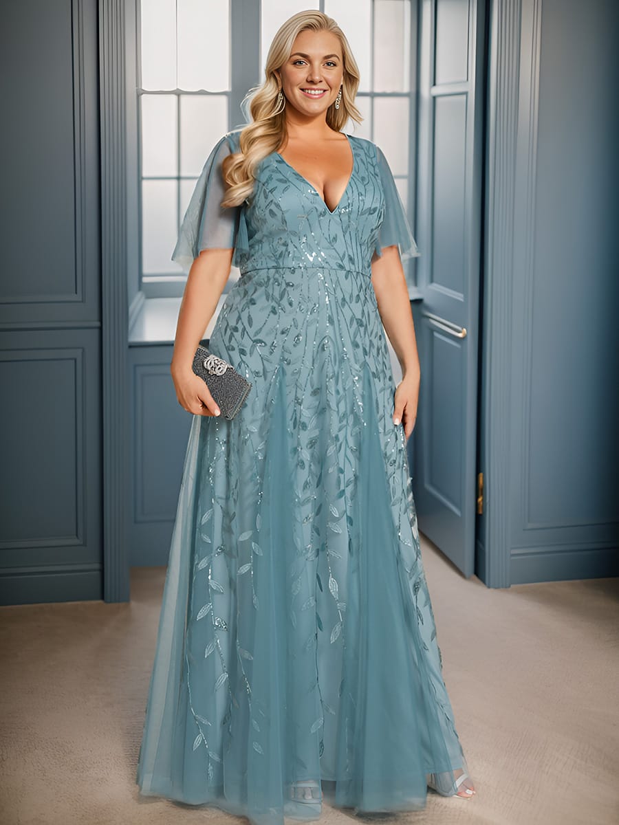 Romantic Shimmery V Neck Ruffle Sleeves Maxi Long Evening Gowns #color_Light Teal