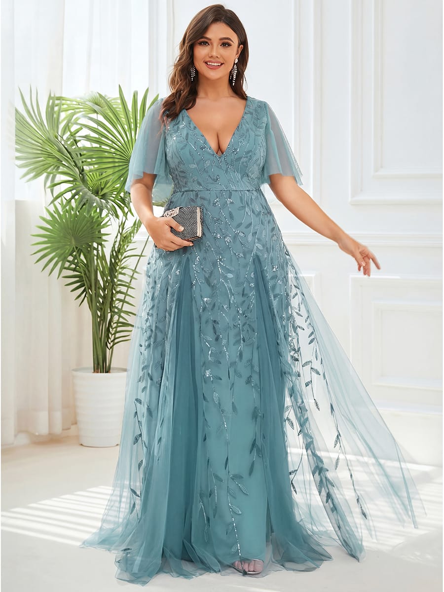 Romantic Shimmery V Neck Ruffle Sleeves Maxi Long Evening Gowns #color_Light Teal