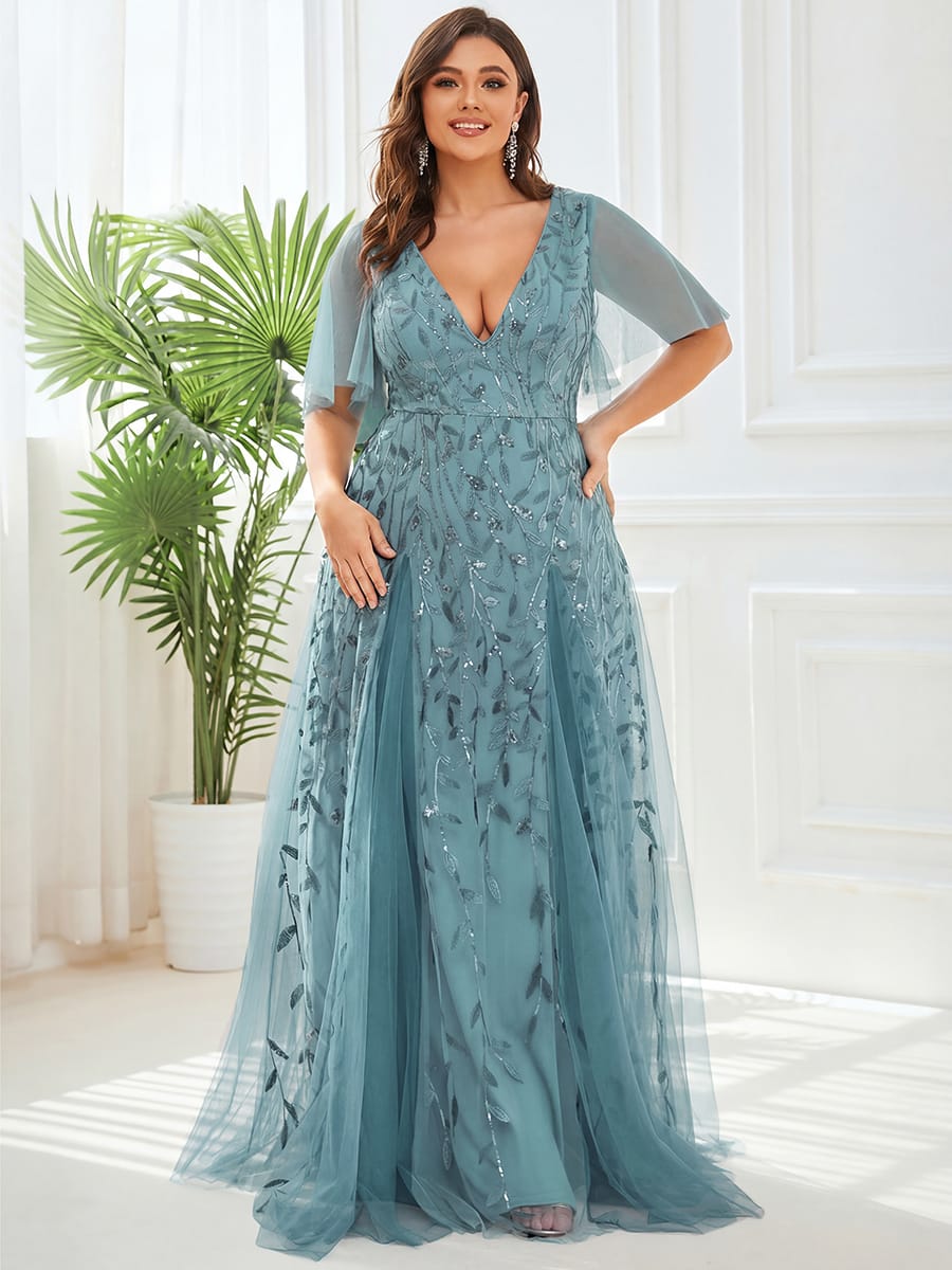 Romantic Shimmery V Neck Ruffle Sleeves Maxi Long Evening Gowns #color_Light Teal