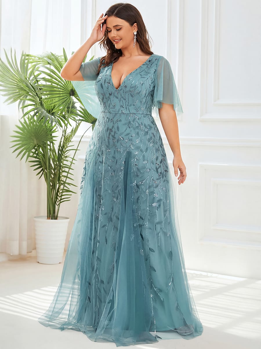 Romantic Shimmery V Neck Ruffle Sleeves Maxi Long Evening Gowns #color_Light Teal