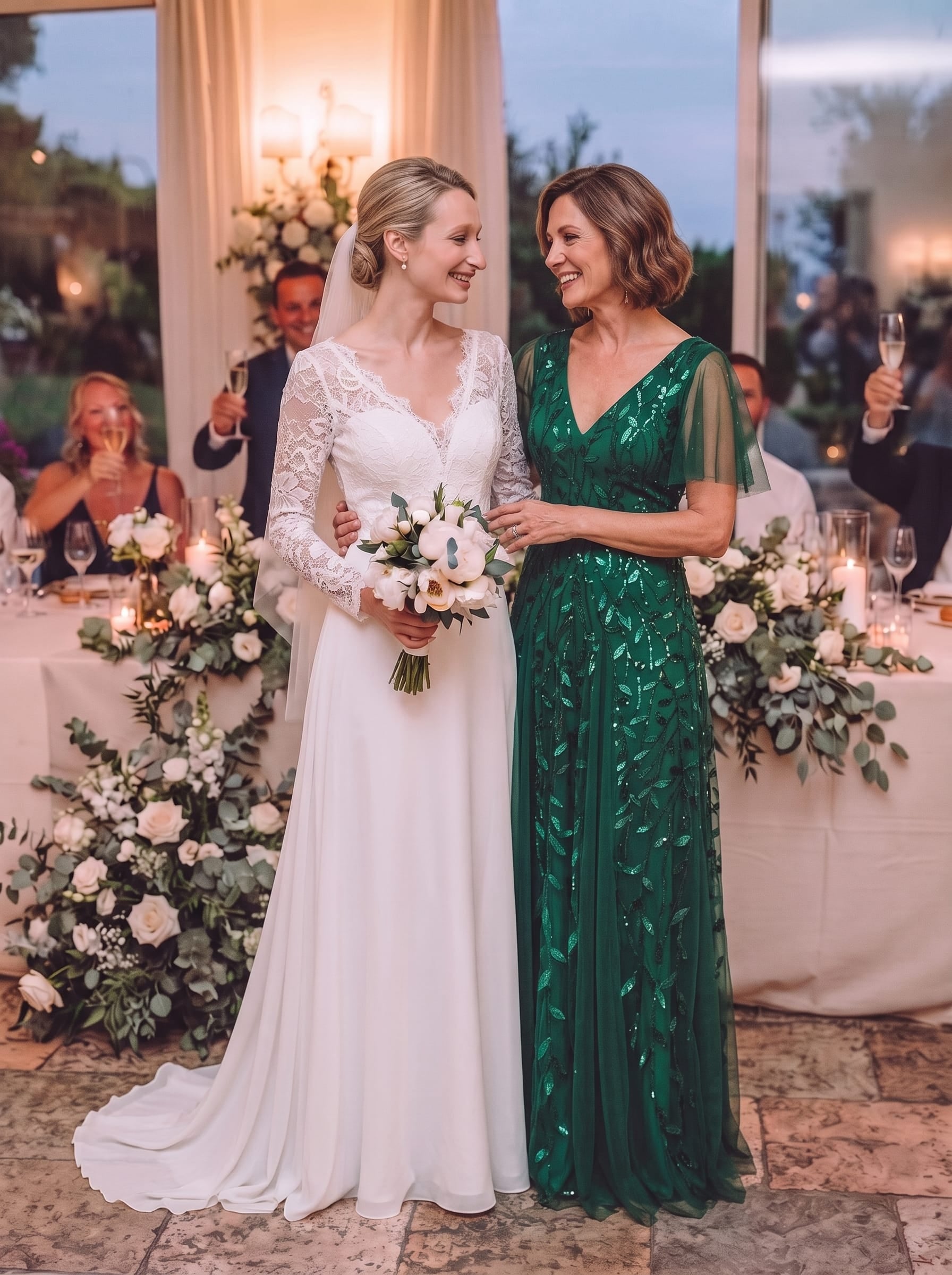 Romantic Shimmery V Neck Ruffle Sleeves Maxi Long Evening Gowns #color_Dark Green
