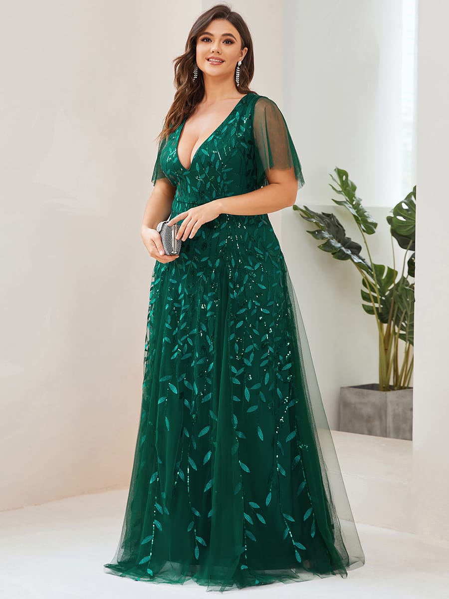 Romantic Shimmery V Neck Ruffle Sleeves Maxi Long Evening Gowns #color_Dark Green