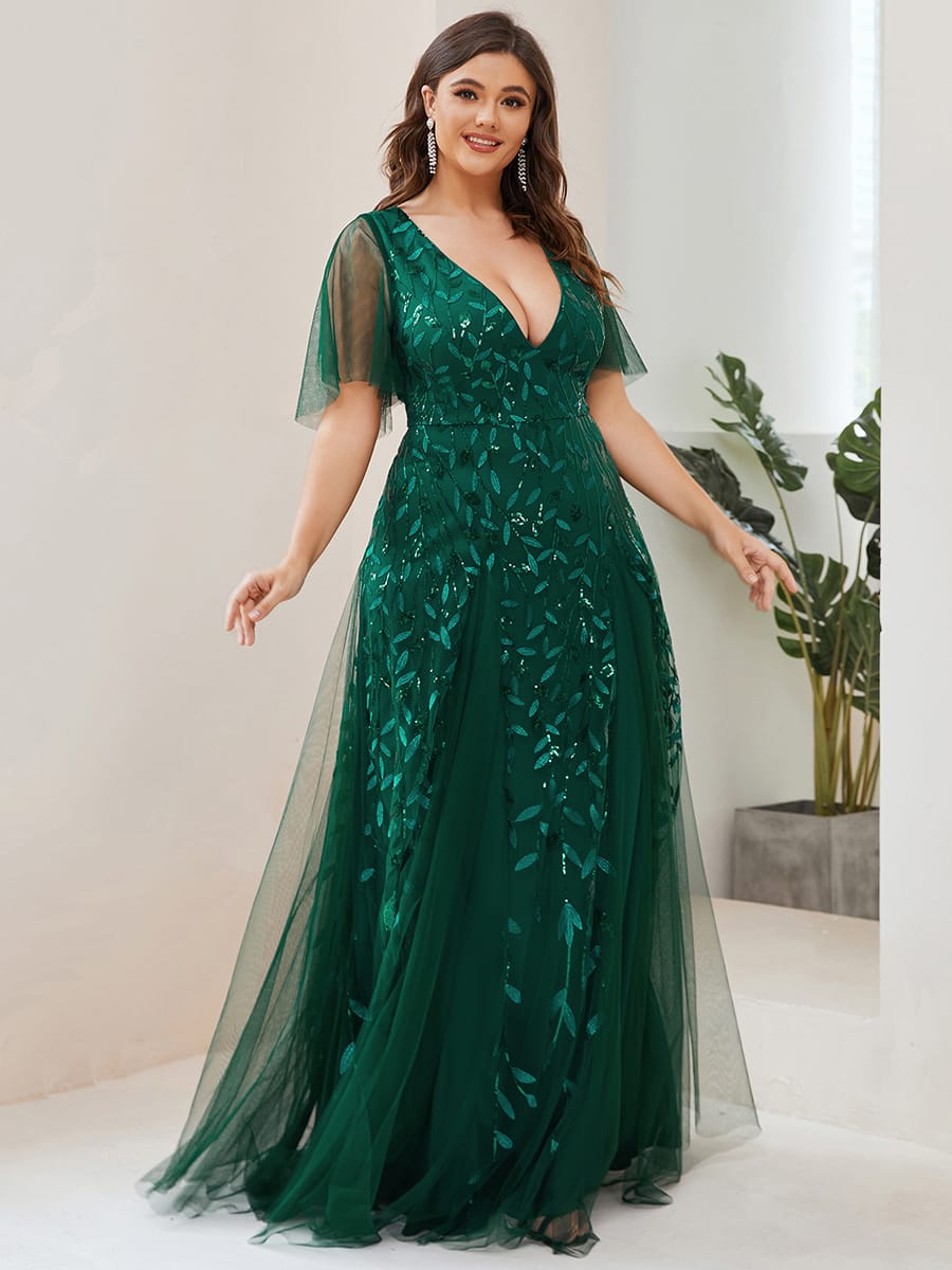 Romantic Shimmery V Neck Ruffle Sleeves Maxi Long Evening Gowns #color_Dark Green