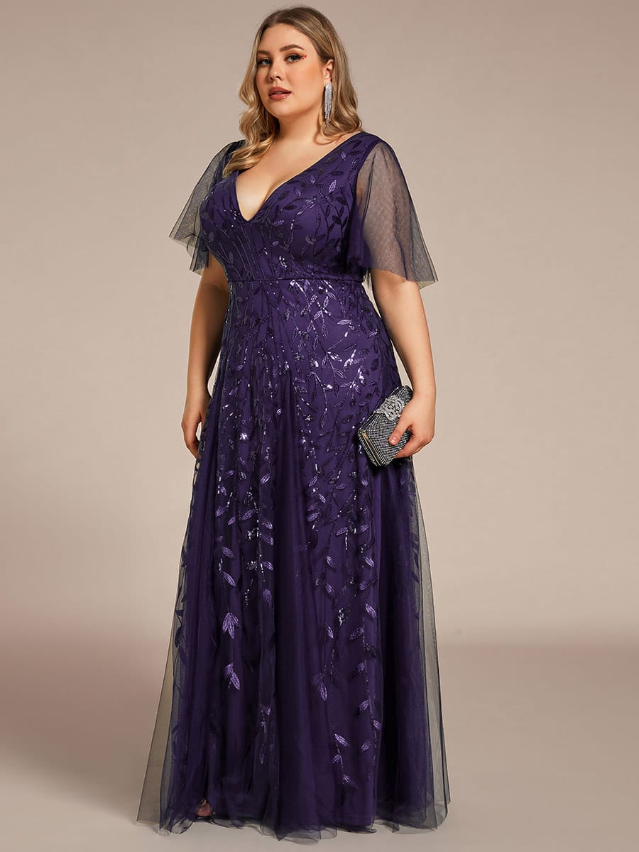 Romantic Shimmery V Neck Ruffle Sleeves Maxi Long Evening Gowns #color_Dark Purple