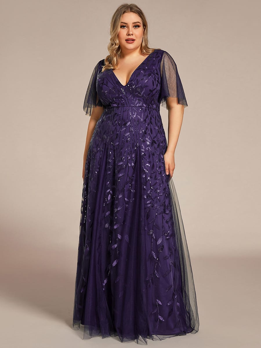 Romantic Shimmery V Neck Ruffle Sleeves Maxi Long Evening Gowns #color_Dark Purple