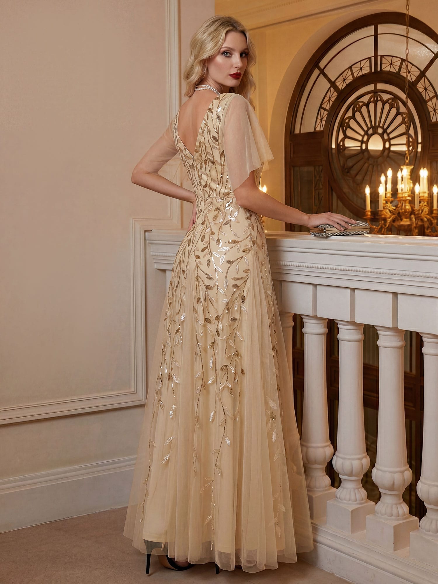 Romantic Shimmery V Neck Ruffle Sleeves Maxi Long Evening Gowns #color_Gold