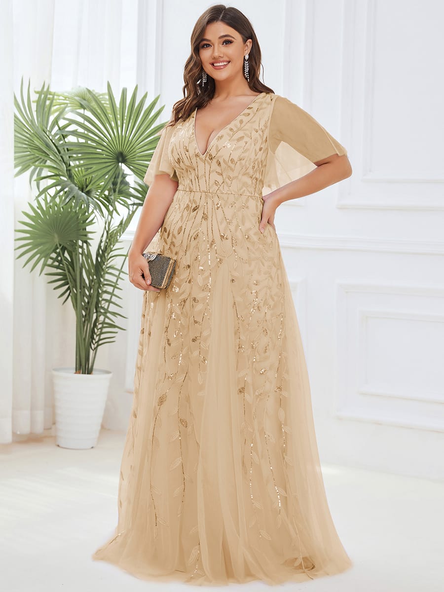 Romantic Shimmery V Neck Ruffle Sleeves Maxi Long Evening Gowns #color_Gold