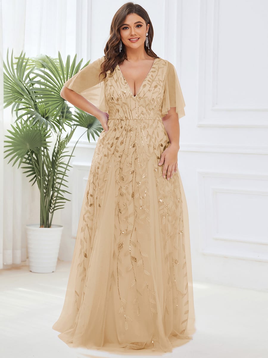 Romantic Shimmery V Neck Ruffle Sleeves Maxi Long Evening Gowns #color_Gold