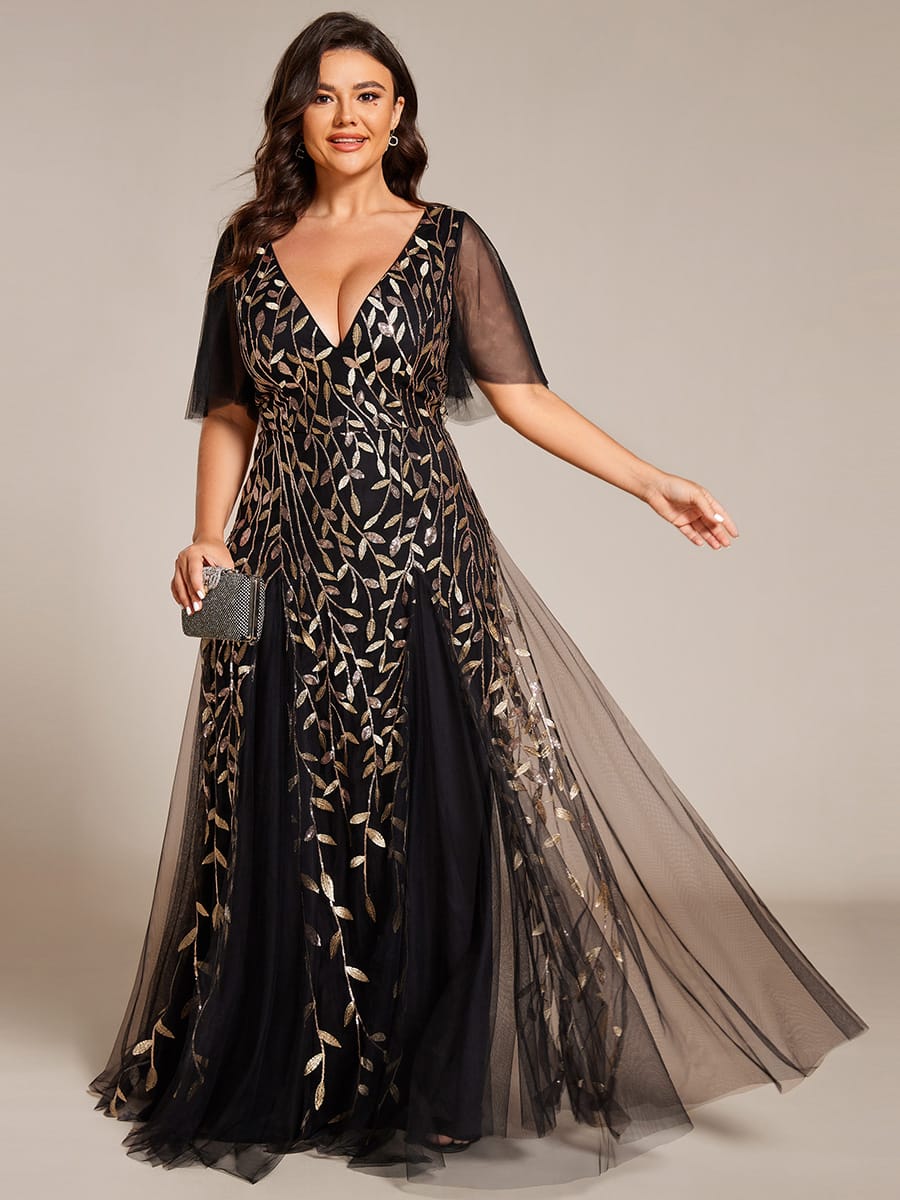 Romantic Shimmery V Neck Ruffle Sleeves Maxi Long Evening Gowns #color_Black & Gold