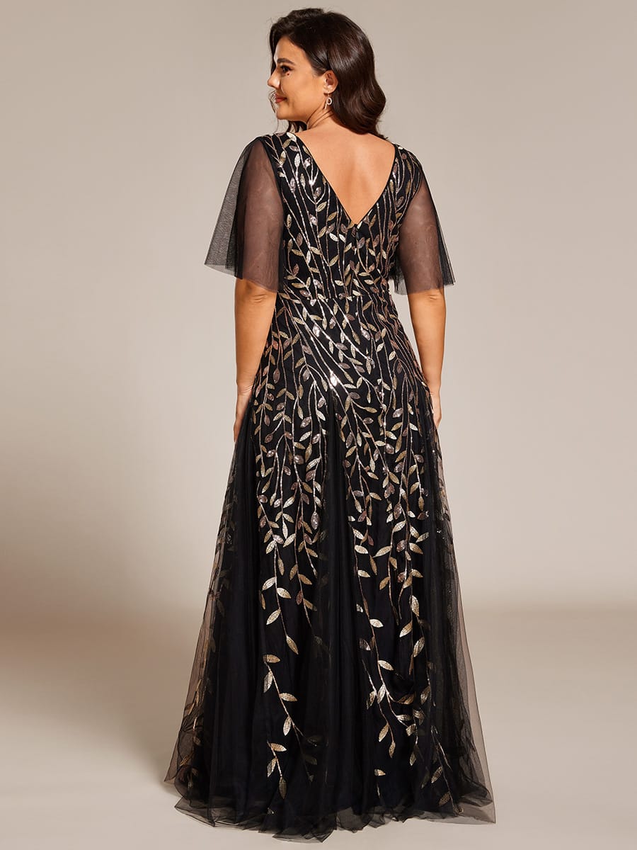Romantic Shimmery V Neck Ruffle Sleeves Maxi Long Evening Gowns #color_Black & Gold