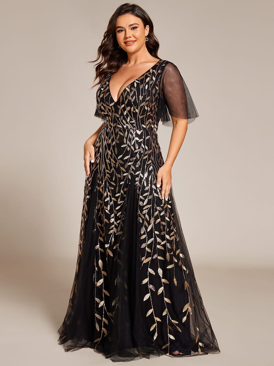 Romantic Shimmery V Neck Ruffle Sleeves Maxi Long Evening Gowns #color_Black & Gold