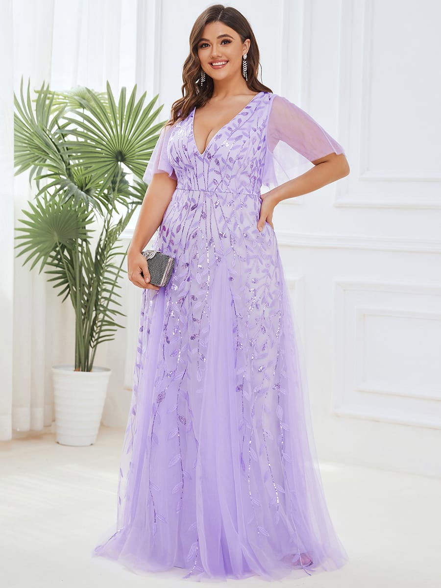 Romantic Shimmery V Neck Ruffle Sleeves Maxi Long Evening Gowns #color_Lavender