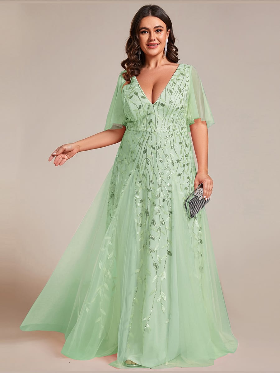 Romantic Shimmery V Neck Ruffle Sleeves Maxi Long Evening Gowns #color_Mint Green