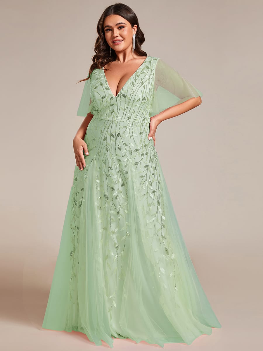 Romantic Shimmery V Neck Ruffle Sleeves Maxi Long Evening Gowns #color_Mint Green