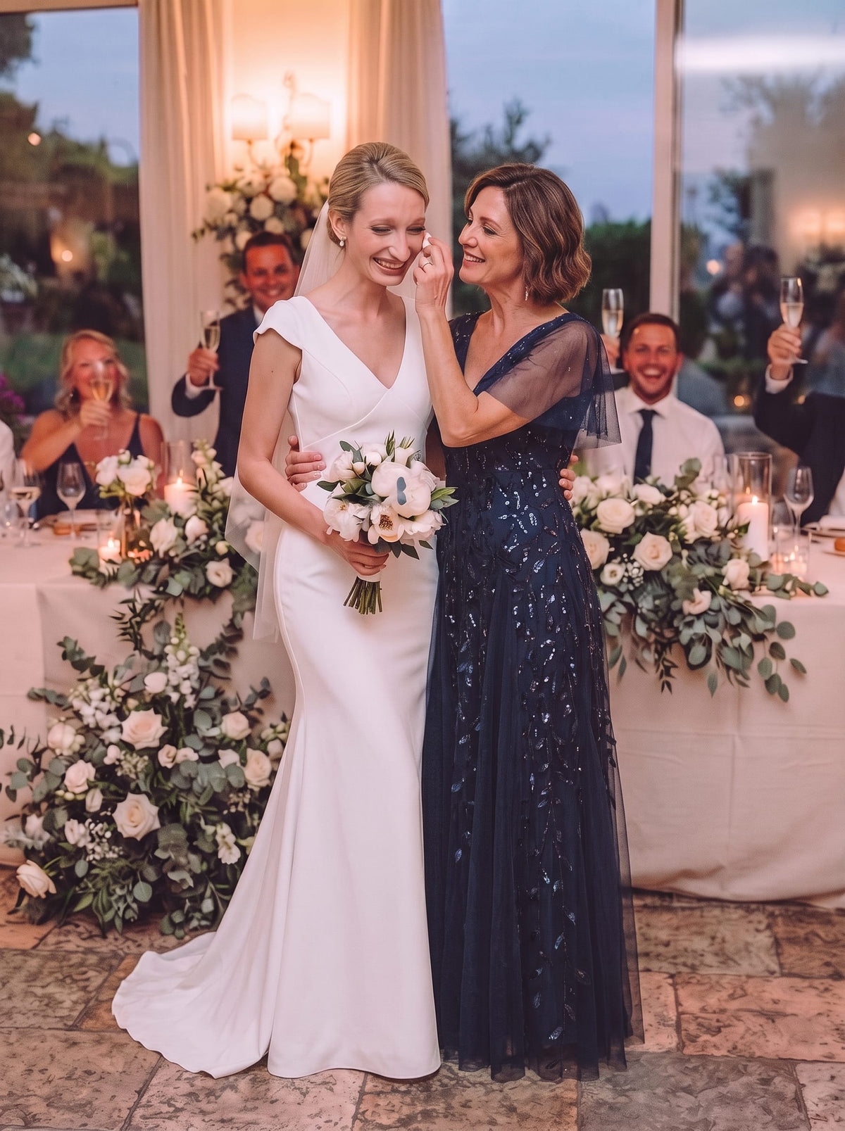 Romantic Shimmery V Neck Ruffle Sleeves Maxi Long Evening Gowns #color_Navy Blue