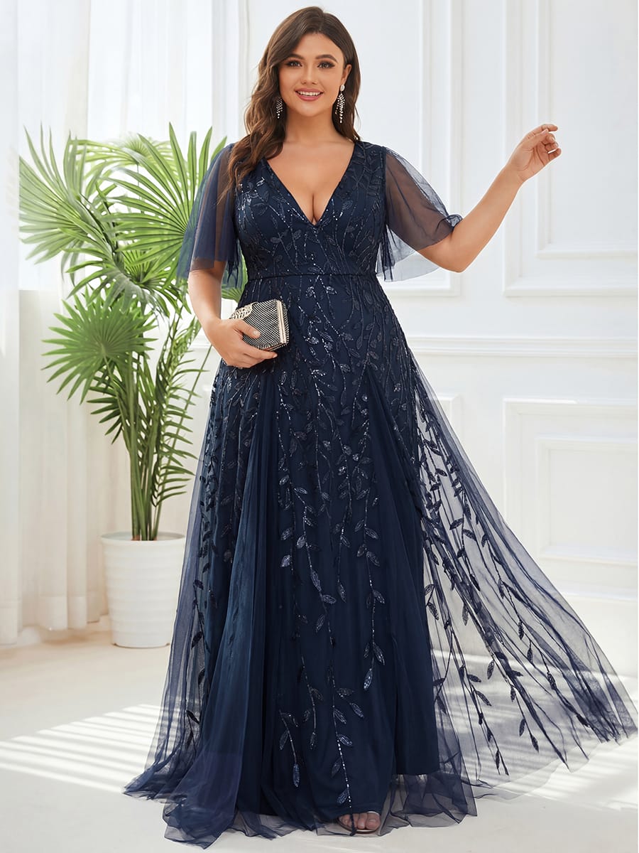 Romantic Shimmery V Neck Ruffle Sleeves Maxi Long Evening Gowns #color_Navy Blue