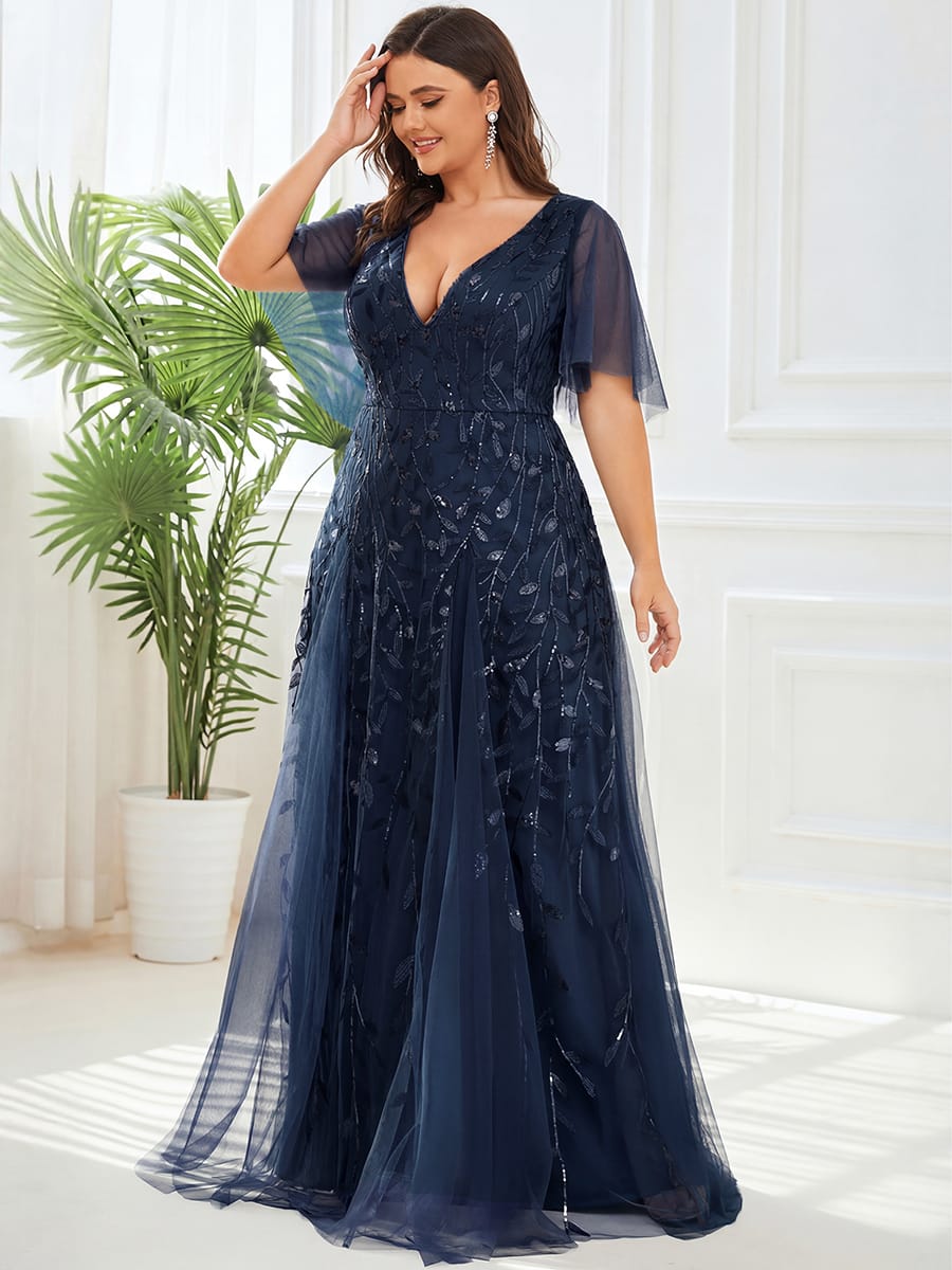 Romantic Shimmery V Neck Ruffle Sleeves Maxi Long Evening Gowns #color_Navy Blue