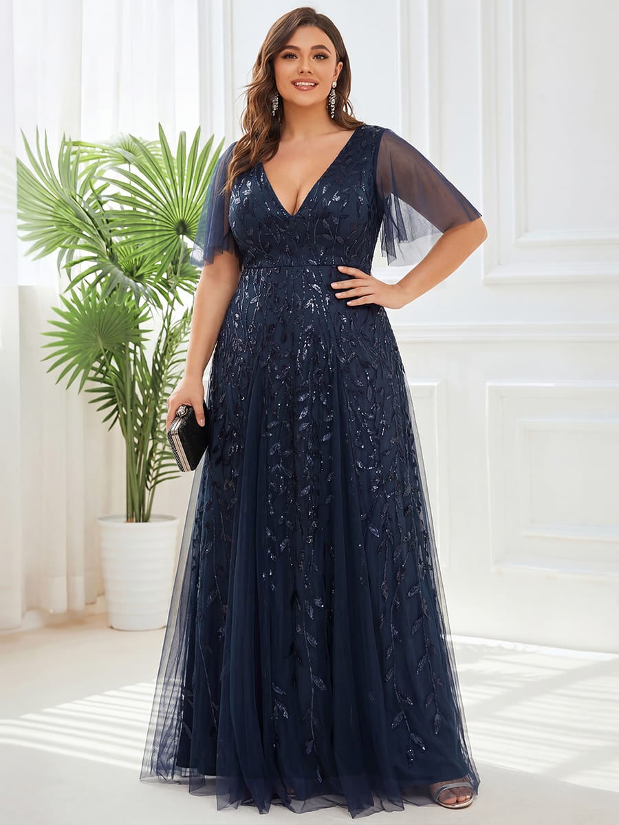 Romantic Shimmery V Neck Ruffle Sleeves Maxi Long Evening Gowns #color_Navy Blue
