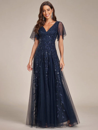 ever ASTRAL|Romantic Shimmery V Neck Ruffle Sleeves Maxi Long Mother of the Bride Dress