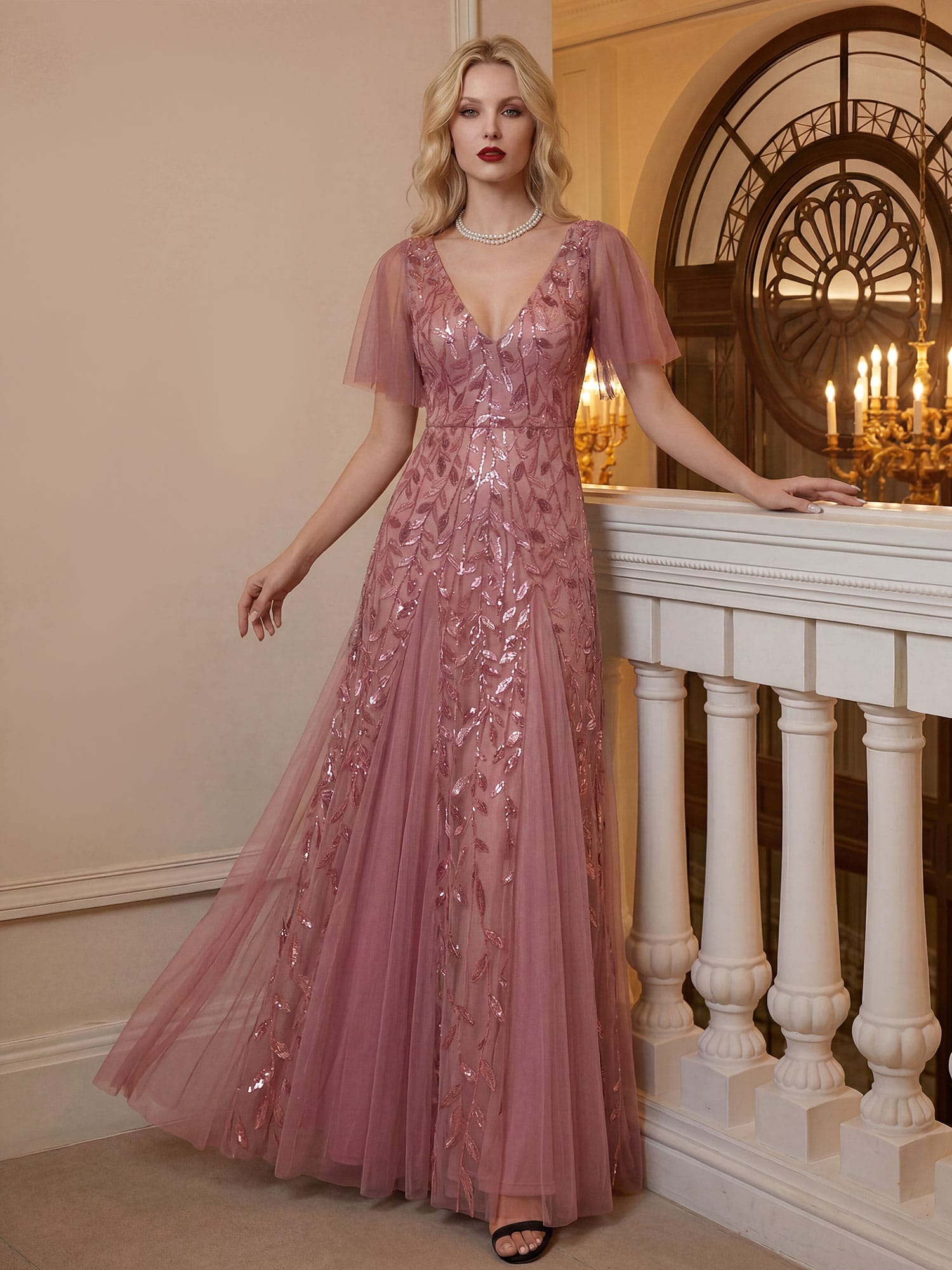Romantic Shimmery V Neck Ruffle Sleeves Maxi Long Evening Gowns #color_Purple Orchid
