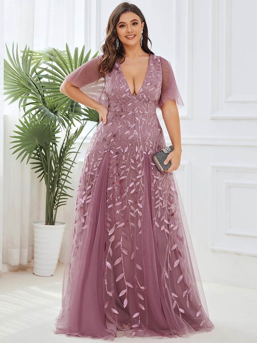 Romantic Shimmery V Neck Ruffle Sleeves Maxi Long Evening Gowns #color_Purple Orchid