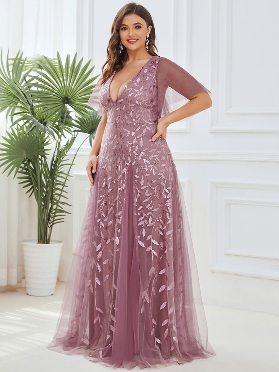 Romantic Shimmery V Neck Ruffle Sleeves Maxi Long Evening Gowns #color_Purple Orchid