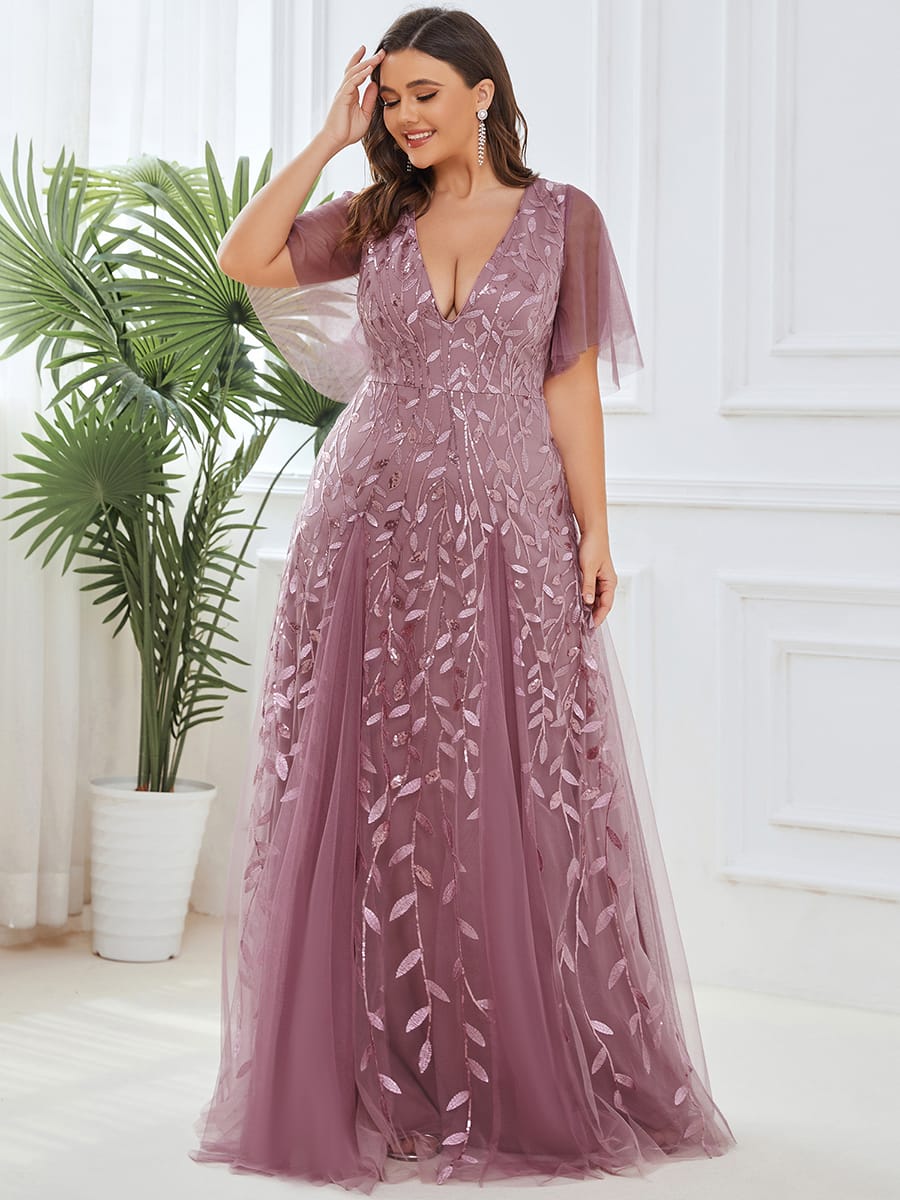Romantic Shimmery V Neck Ruffle Sleeves Maxi Long Evening Gowns #color_Purple Orchid