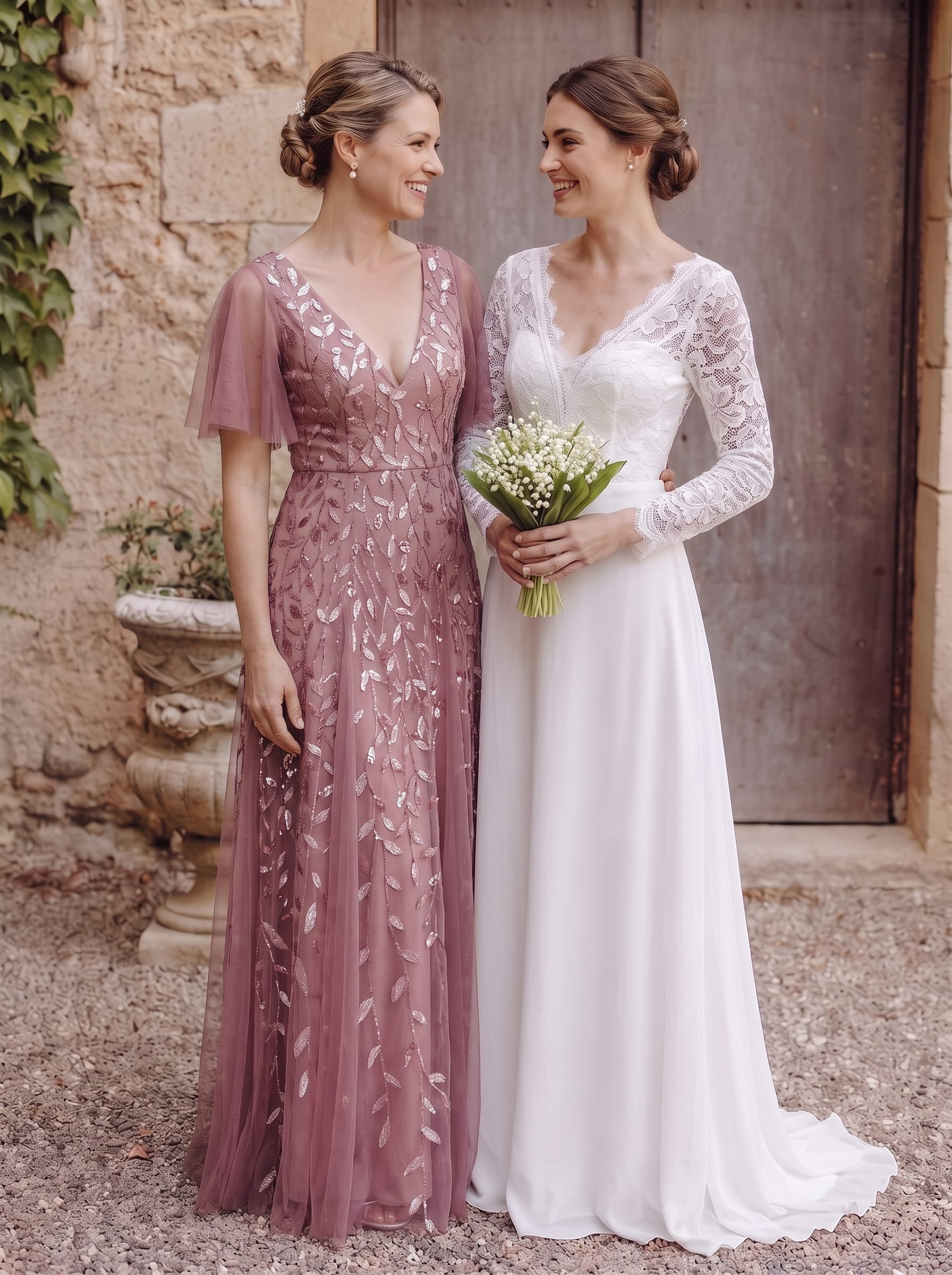 Romantic Shimmery V Neck Ruffle Sleeves Maxi Long Evening Gowns #color_Purple Orchid