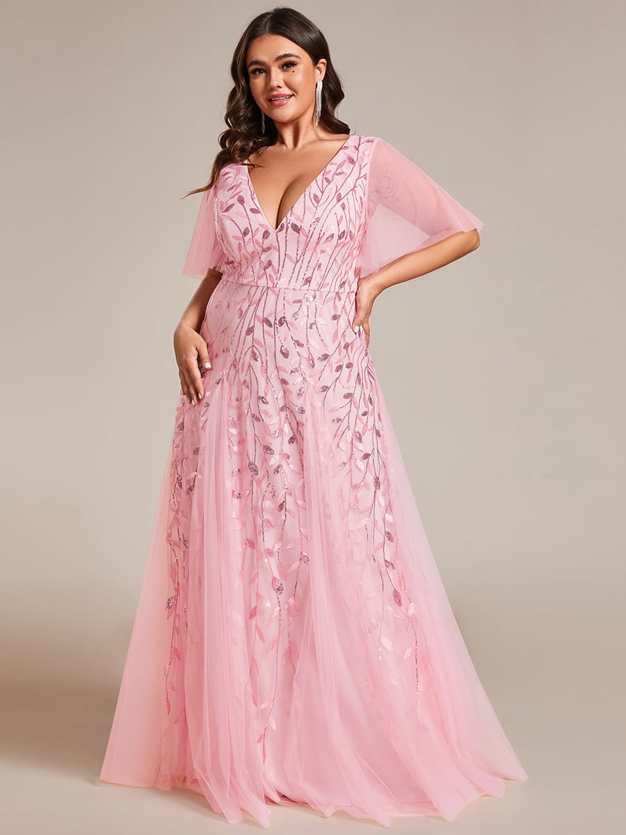 Romantic Shimmery V Neck Ruffle Sleeves Maxi Long Evening Gowns #color_Pink