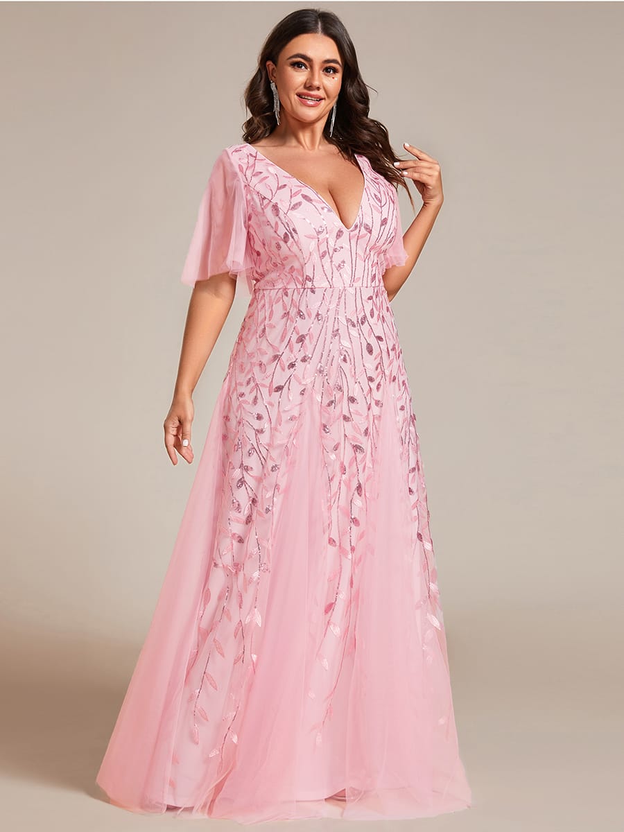 Romantic Shimmery V Neck Ruffle Sleeves Maxi Long Evening Gowns #color_Pink