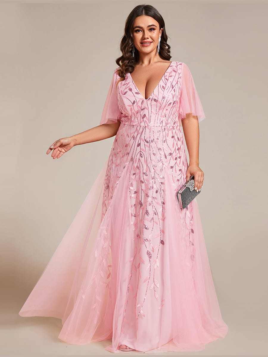 Romantic Shimmery V Neck Ruffle Sleeves Maxi Long Evening Gowns #color_Pink