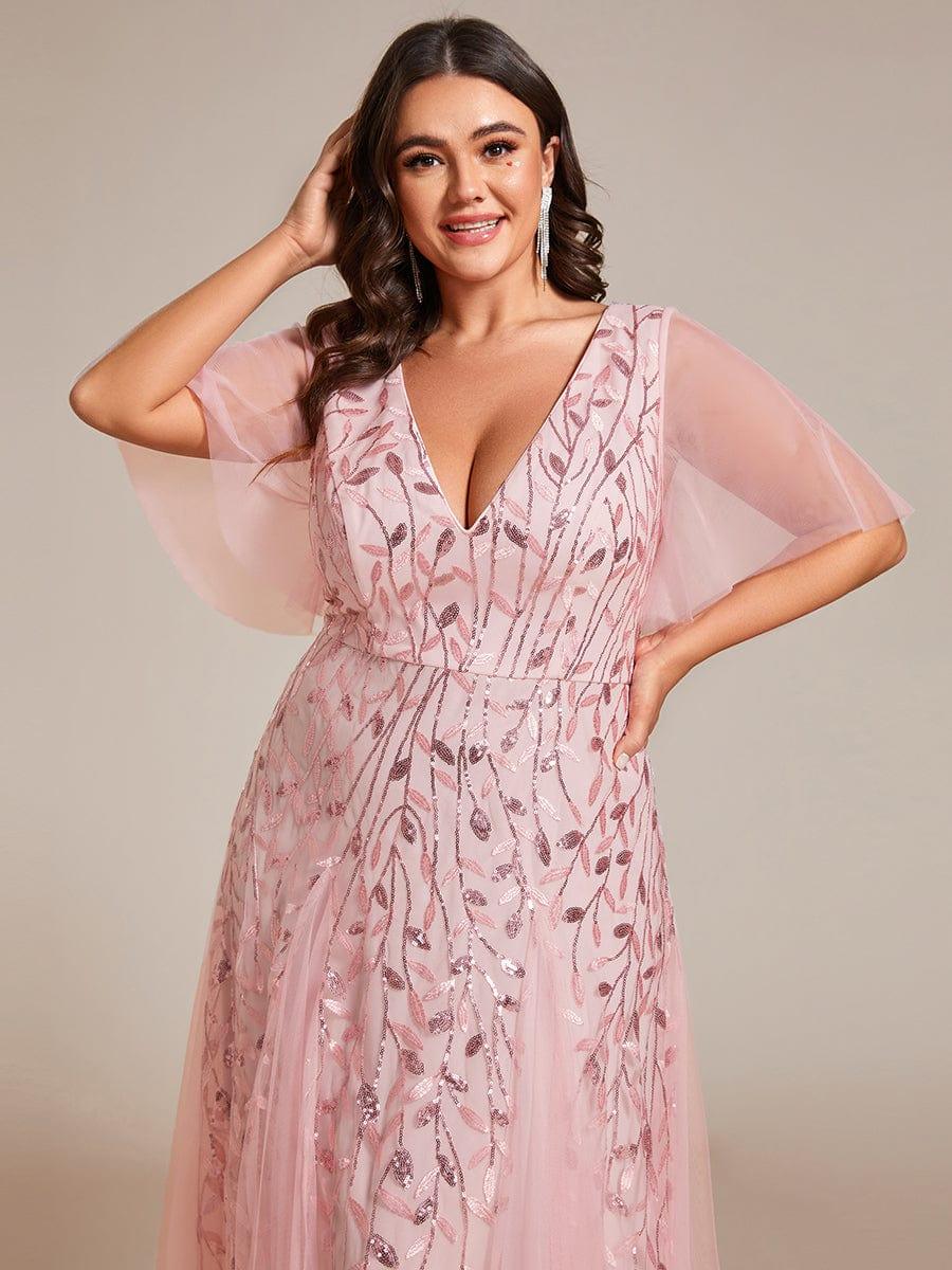 Romantic Shimmery V Neck Ruffle Sleeves Maxi Long Evening Gowns #color_Pink