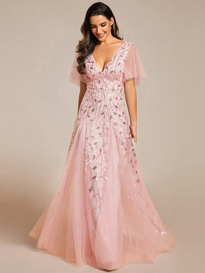 ever ASTRAL|Romantic Shimmery V Neck Ruffle Sleeves Maxi Long Evening Gowns