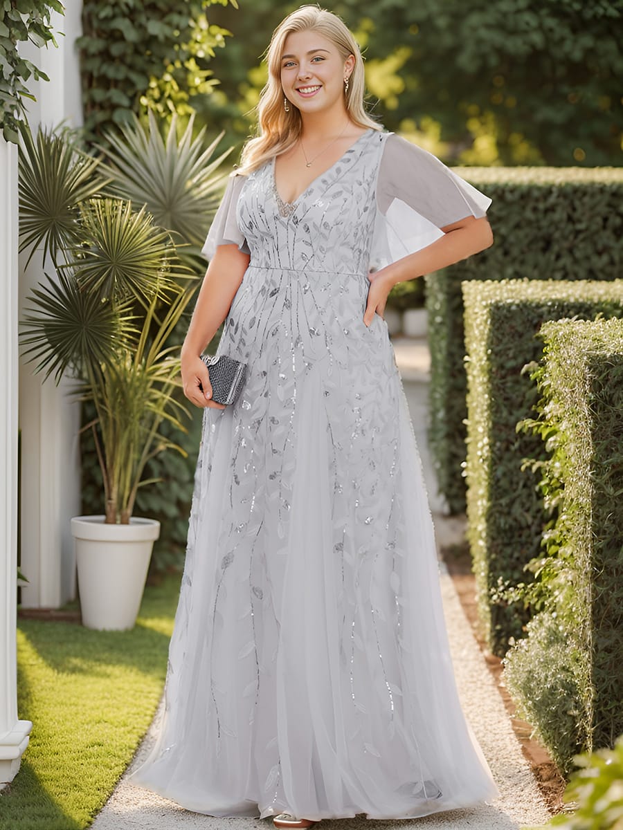 Romantic Shimmery V Neck Ruffle Sleeves Maxi Long Evening Gowns #color_Silver