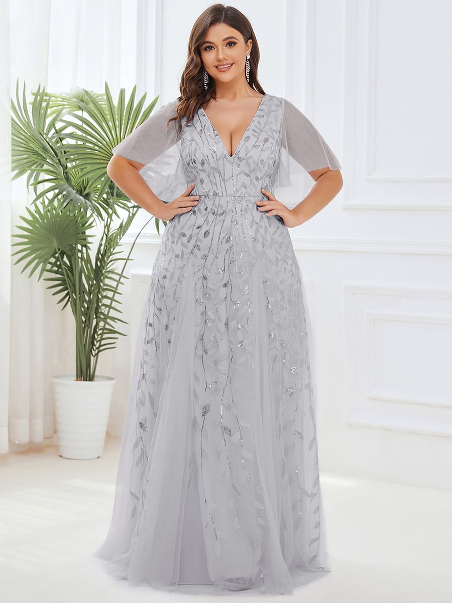 Romantic Shimmery V Neck Ruffle Sleeves Maxi Long Evening Gowns #color_Silver