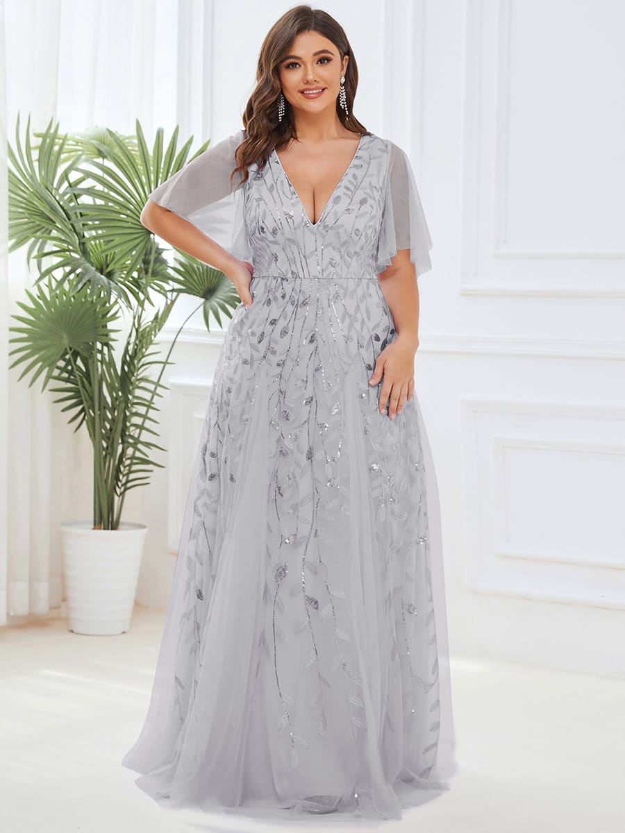 Romantic Shimmery V Neck Ruffle Sleeves Maxi Long Evening Gowns #color_Silver