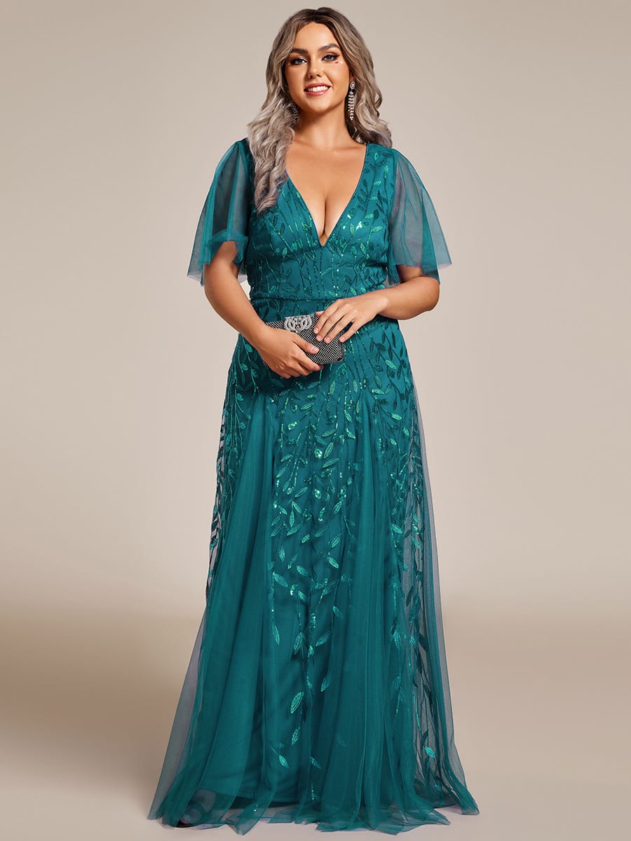 Romantic Shimmery V Neck Ruffle Sleeves Maxi Long Evening Gowns #color_Teal