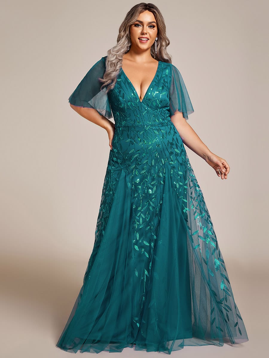 Romantic Shimmery V Neck Ruffle Sleeves Maxi Long Evening Gowns #color_Teal