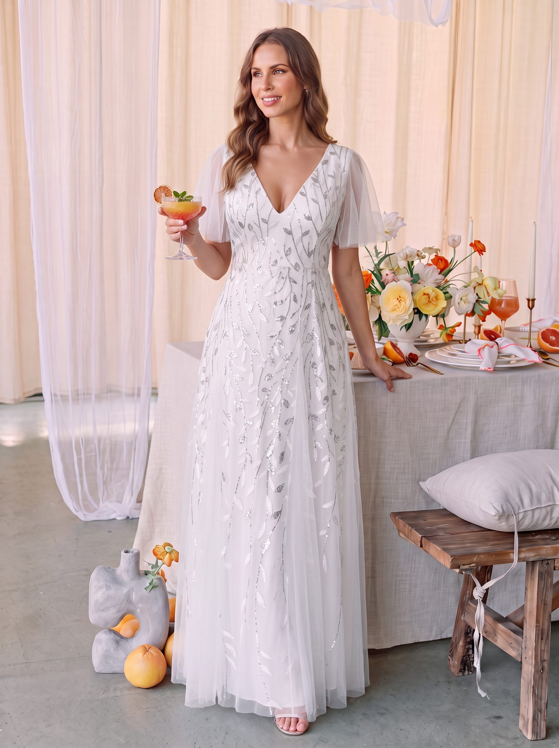 Stunning V Neck Long Wedding Guest Dress with Ruffle Sleeves #color_White