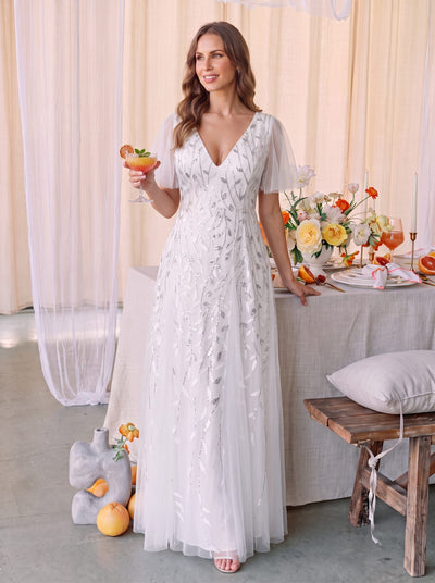 ever ASTRAL|Romantic Shimmery V Neck Ruffle Sleeves Maxi Long Evening Gowns