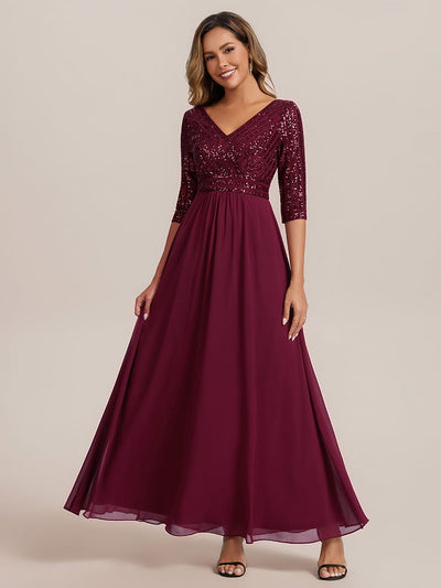 ever IRIS|Sexy V Neck Sequin Evening Dresses with 3/4 Sleeve