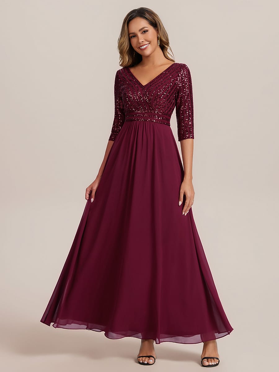 Sexy V Neck A-Line Sequin Evening Dresses with 3/4 Sleeve #color_Burgundy