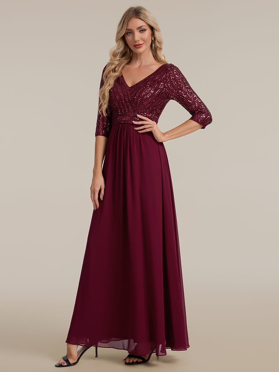 Sexy V Neck A-Line Sequin Evening Dresses with 3/4 Sleeve #color_Burgundy